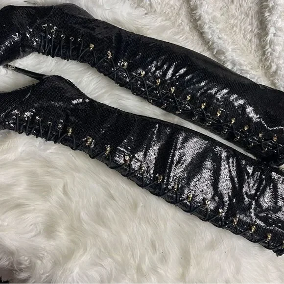 Over the knees Black sequins heels boots front lace up accents side zipper SZ6.5 - Picture 4 of 8